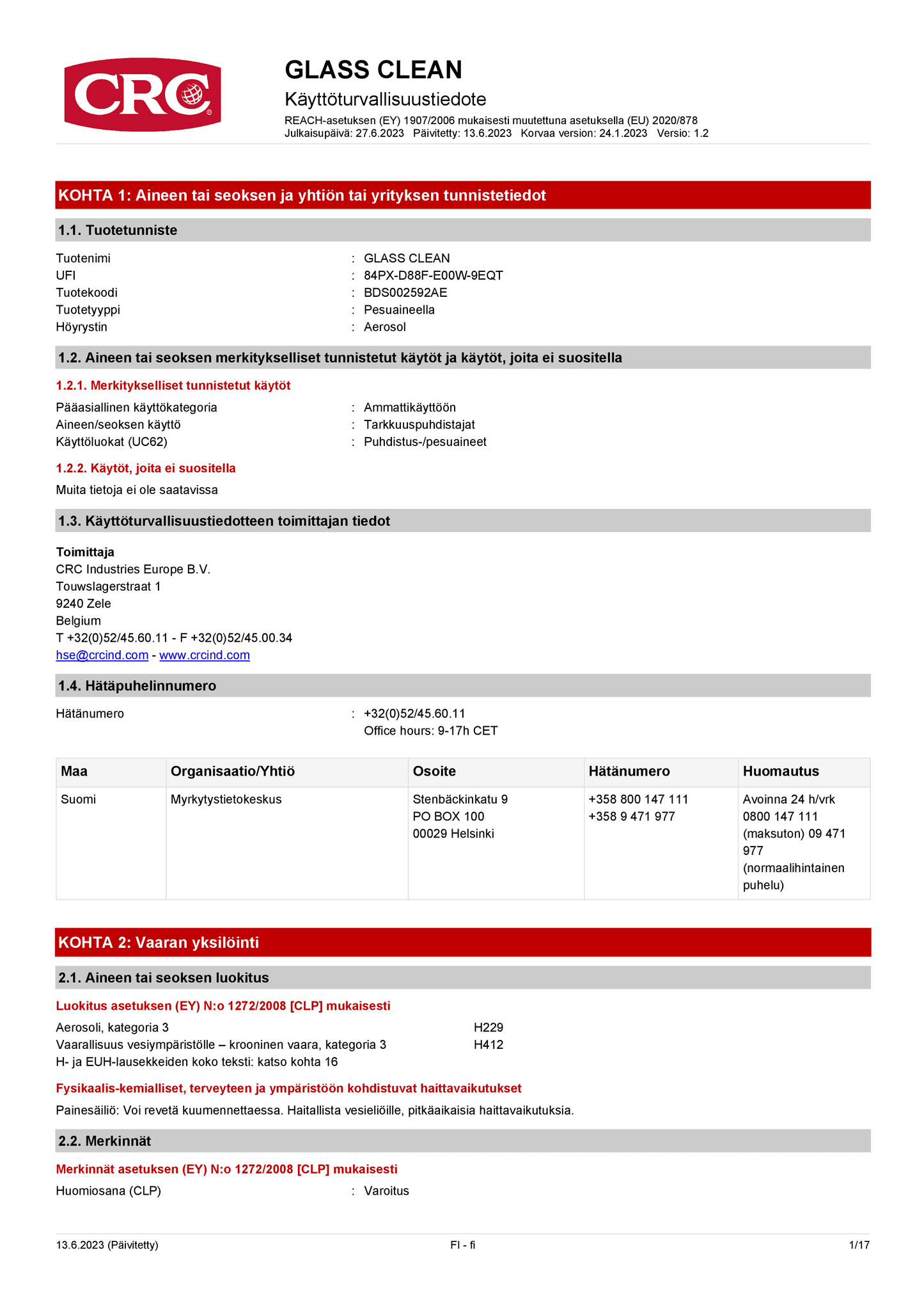 Lasinpesuspray CRC Glass Clean 500 ml (Pesuaineet)