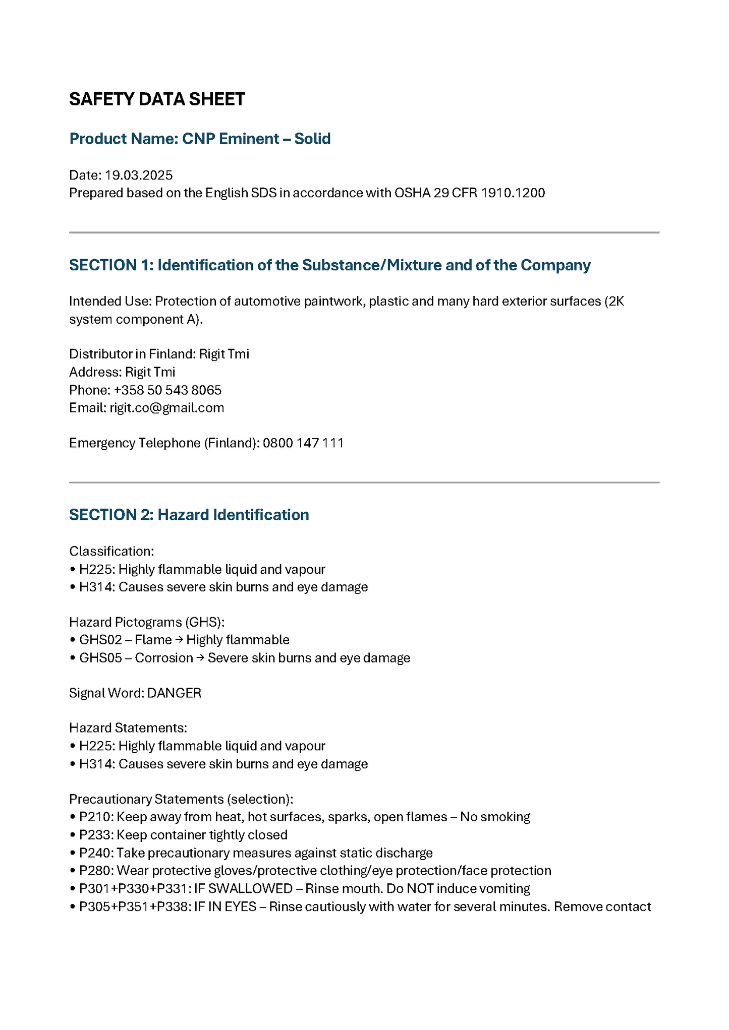 CNP Eminent -paketin (TOP) tiivistys komponentti, Eminent Solid (K2) 30ml*